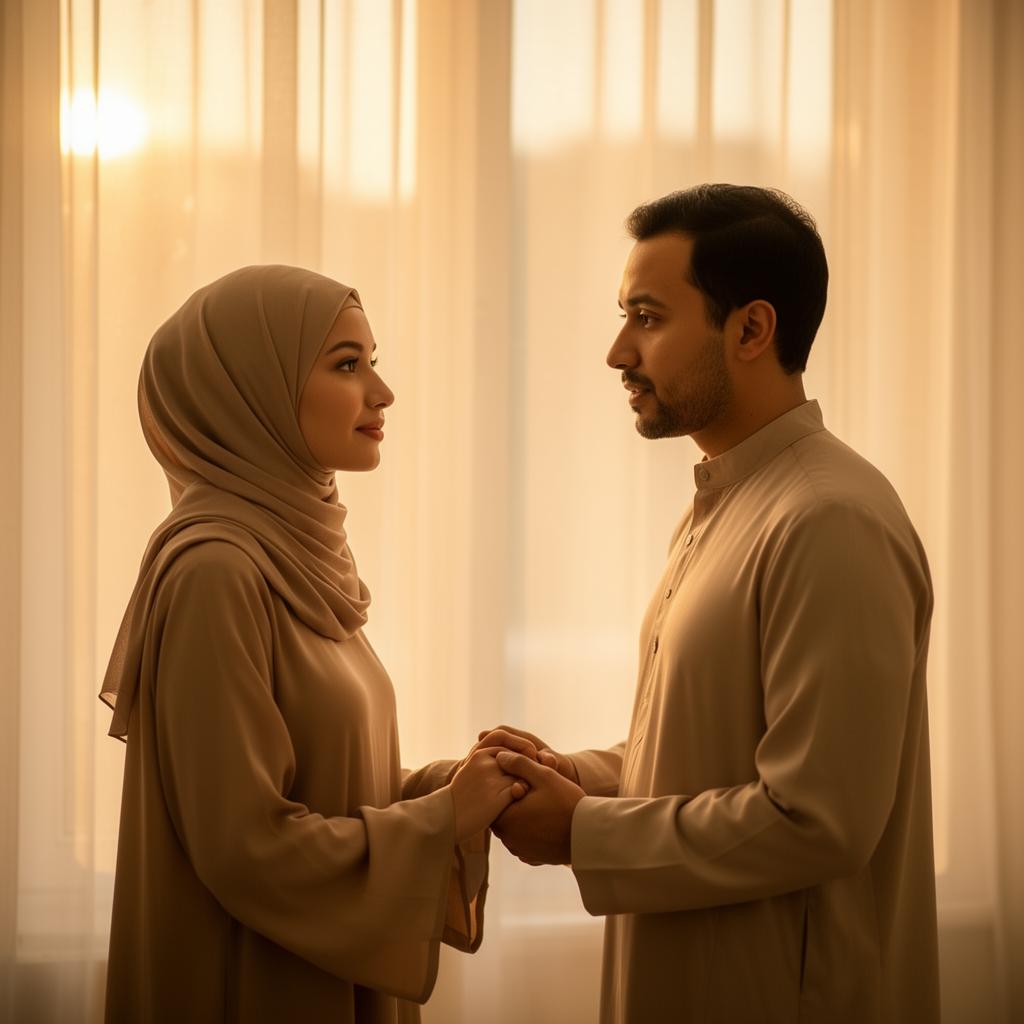 A Muslim couple holding hands during a quiet moment